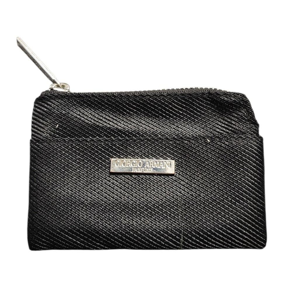 Giorgio Armani Parfums Black Ribbed Zippered Coin Purse Card Holder D-Ring Pouch